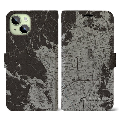 【京都（京都府）】地図柄iPhoneケース（手帳タイプ）モノトーン・iPhone 15 用