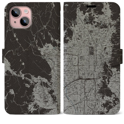 【京都（京都府）】地図柄iPhoneケース（手帳タイプ）モノトーン・iPhone 15 Plus 用