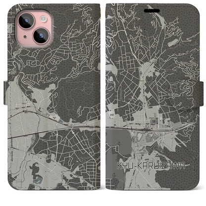 【旧軽井沢（長野県）】地図柄iPhoneケース（手帳タイプ）モノトーン・iPhone 15 Plus 用