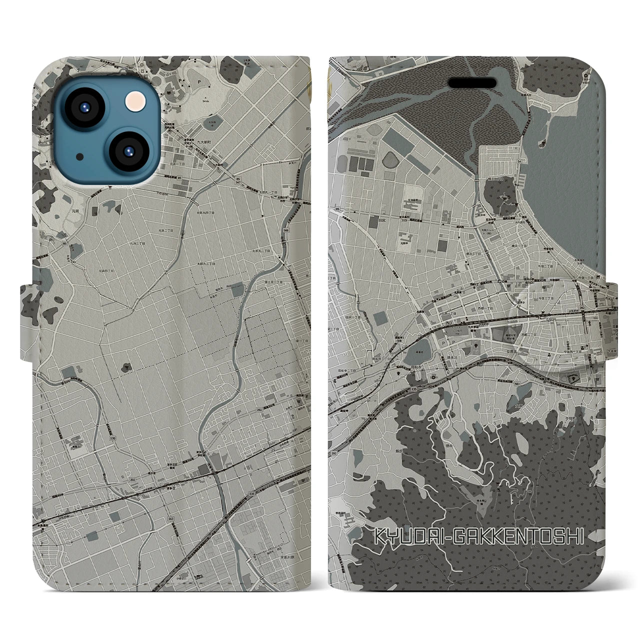 【九大学研都市】地図柄iPhoneケース（手帳両面タイプ・モノトーン）iPhone 13 用