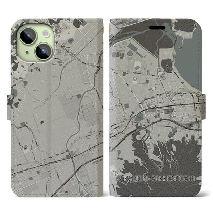 【九大学研都市】地図柄iPhoneケース（手帳両面タイプ・モノトーン）iPhone 15 用