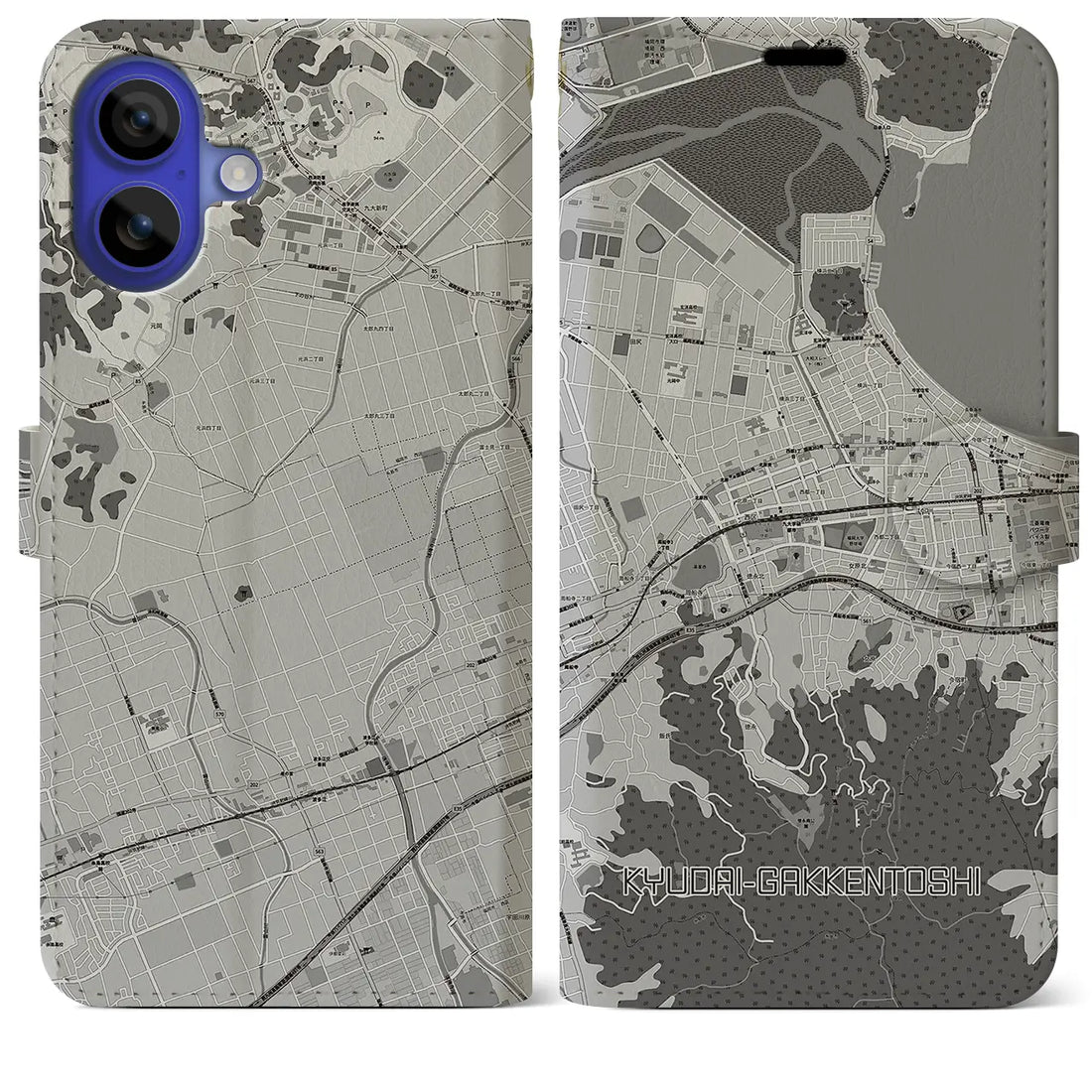 【九大学研都市(福岡県)】地図柄iPhoneケース(手帳タイプ)モノトーン・iPhone 16 Pro Max 用