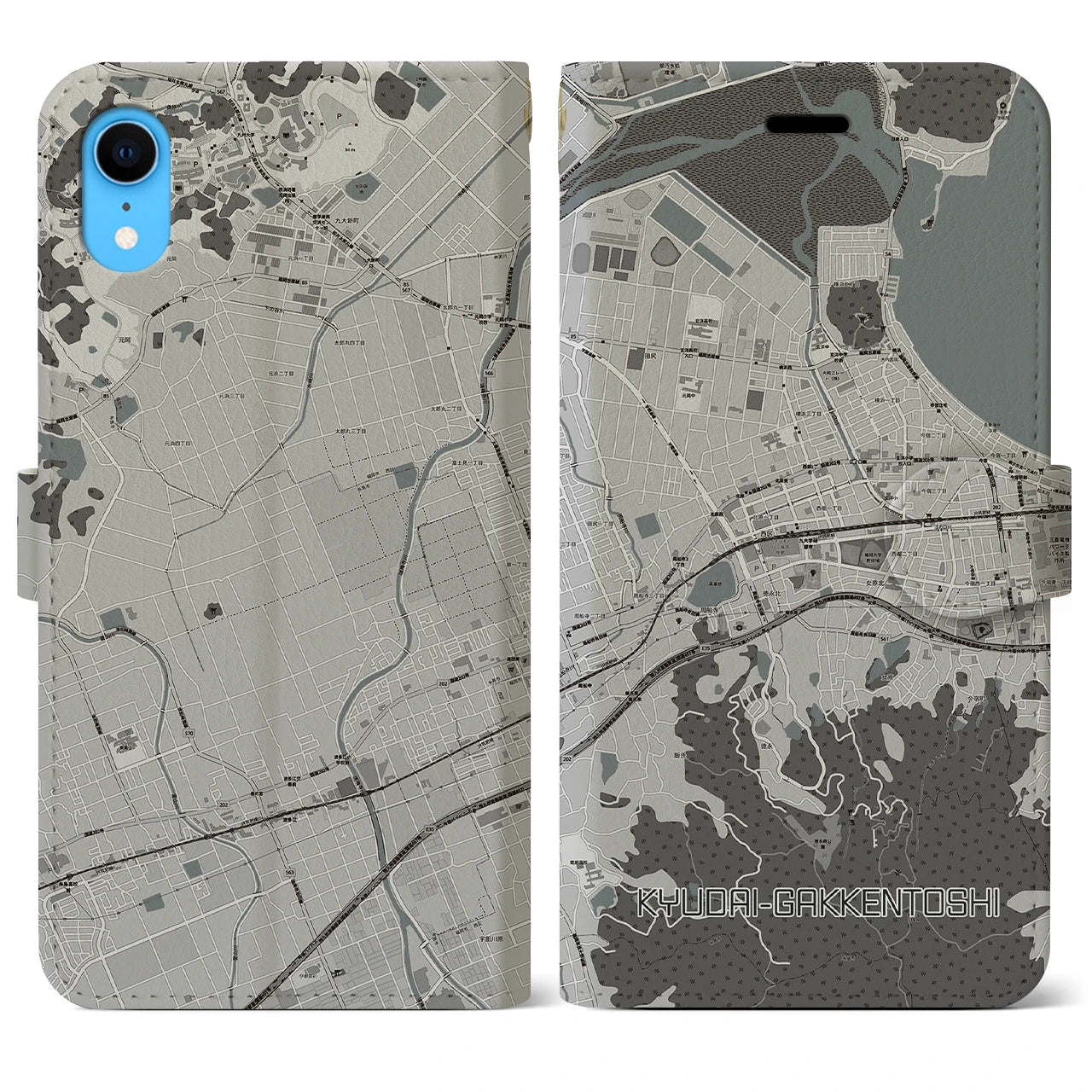 【九大学研都市】地図柄iPhoneケース（手帳両面タイプ・モノトーン）iPhone XR 用