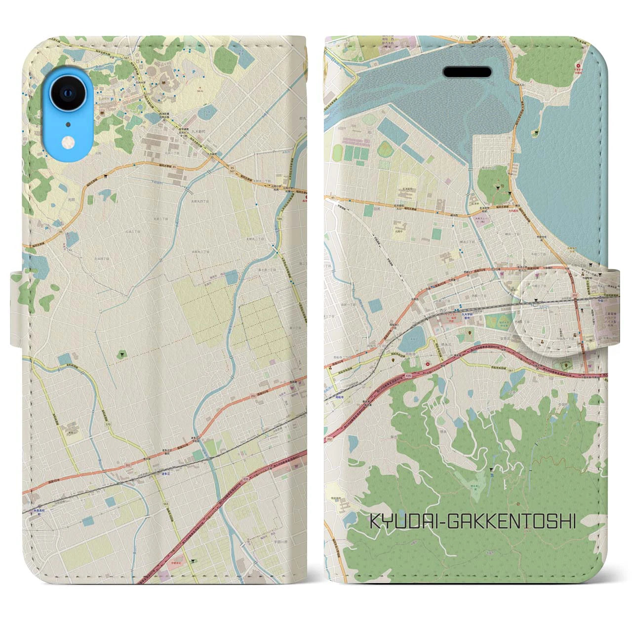 【九大学研都市（福岡県）】地図柄iPhoneケース（手帳タイプ）ナチュラル・iPhone XR 用