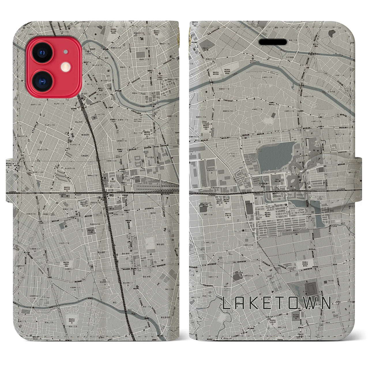 【越谷レイクタウン】地図柄iPhoneケース（手帳両面タイプ・モノトーン）iPhone 11 用