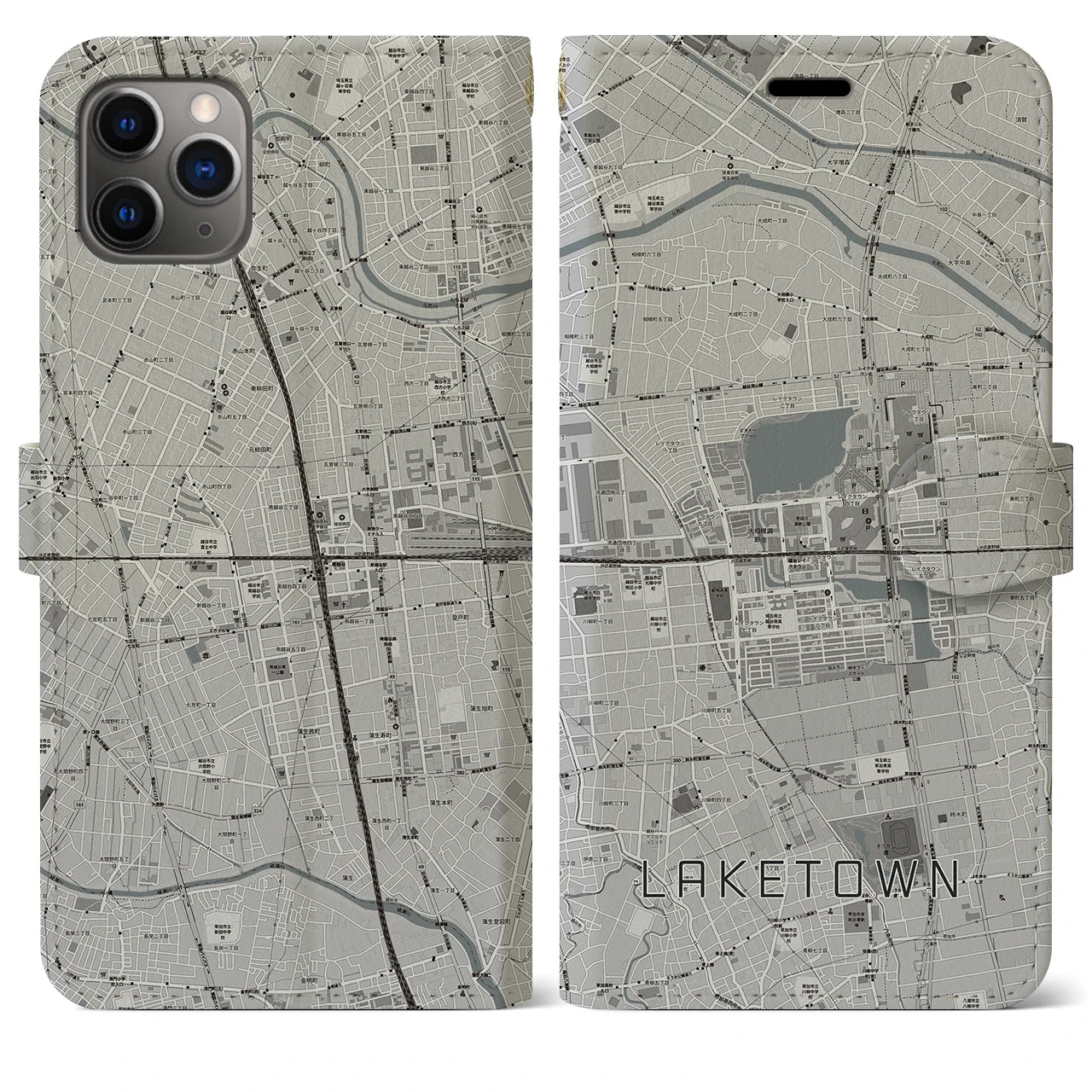 【越谷レイクタウン】地図柄iPhoneケース（手帳両面タイプ・モノトーン）iPhone 11 Pro Max 用