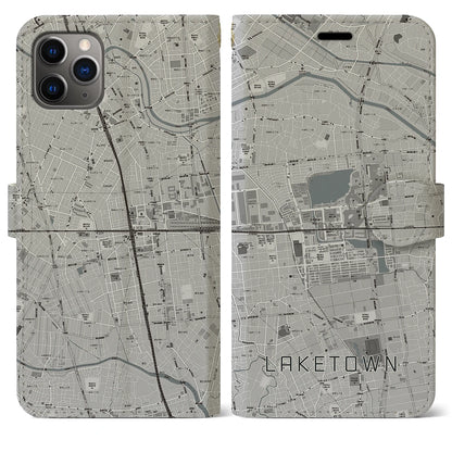 【越谷レイクタウン（埼玉県）】地図柄iPhoneケース（手帳タイプ）モノトーン・iPhone 11 Pro Max 用