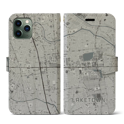 【越谷レイクタウン（埼玉県）】地図柄iPhoneケース（手帳タイプ）モノトーン・iPhone 11 Pro 用