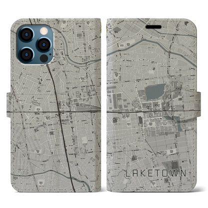 【越谷レイクタウン（埼玉県）】地図柄iPhoneケース（手帳タイプ）モノトーン・iPhone 12 / 12 Pro 用