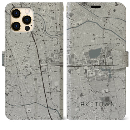 【越谷レイクタウン（埼玉県）】地図柄iPhoneケース（手帳タイプ）モノトーン・iPhone 12 Pro Max 用