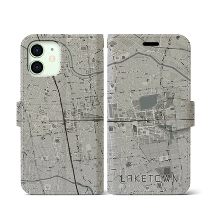 【越谷レイクタウン（埼玉県）】地図柄iPhoneケース（手帳タイプ）モノトーン・iPhone 12 mini 用