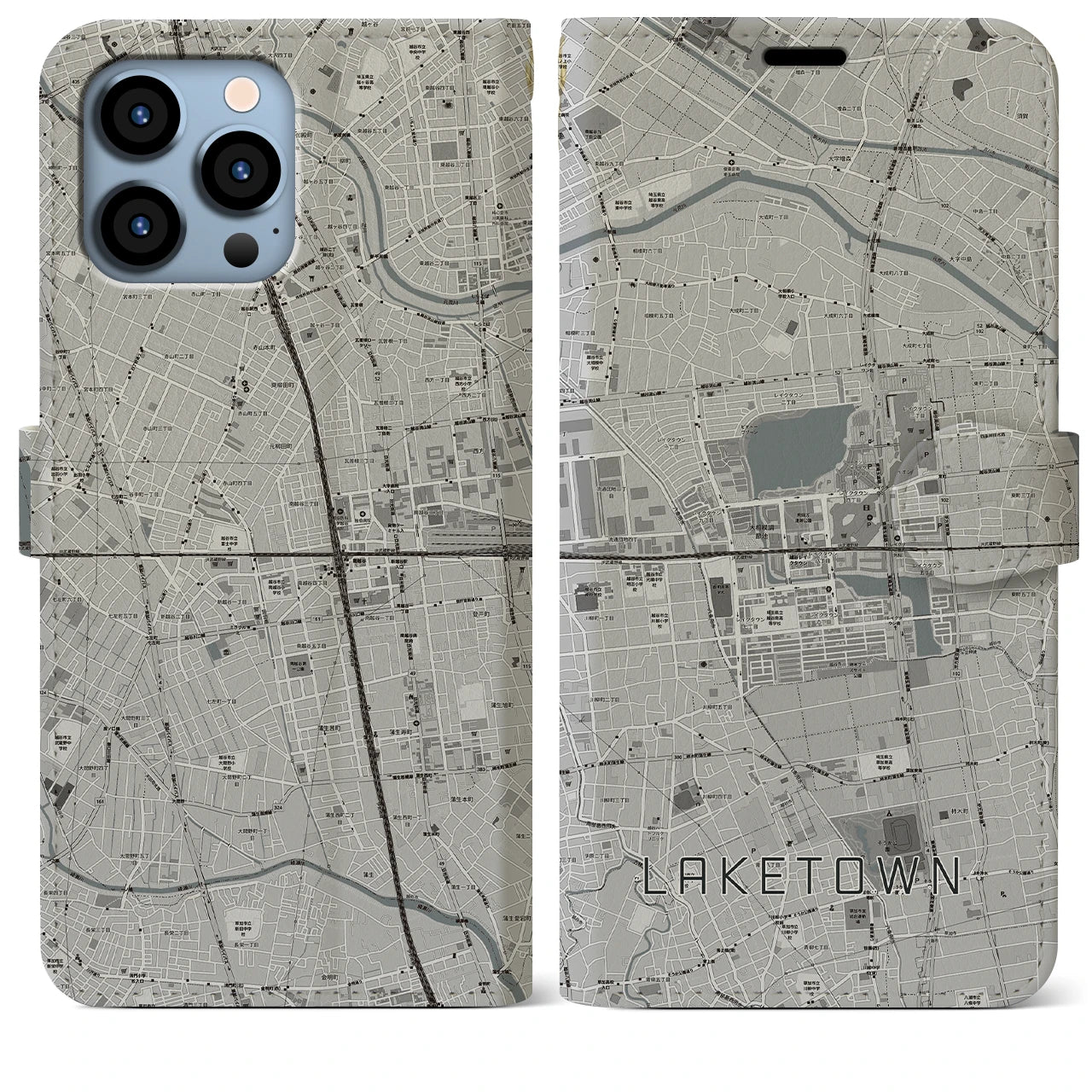 【越谷レイクタウン】地図柄iPhoneケース（手帳両面タイプ・モノトーン）iPhone 13 Pro Max 用