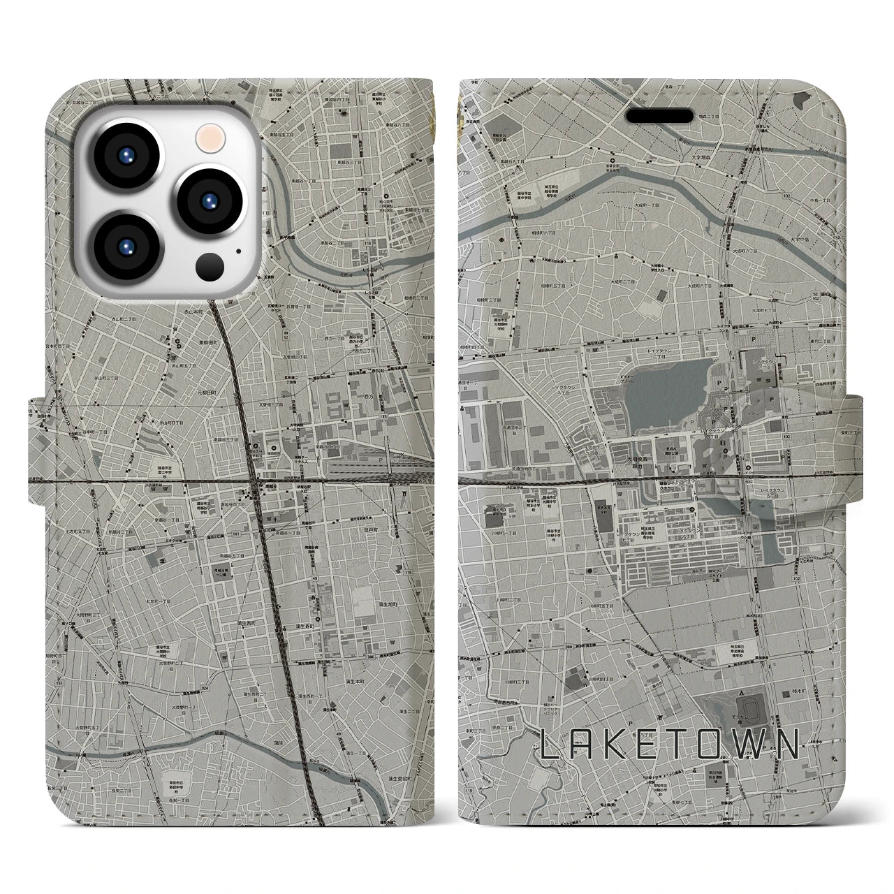 【越谷レイクタウン】地図柄iPhoneケース（手帳両面タイプ・モノトーン）iPhone 13 Pro 用