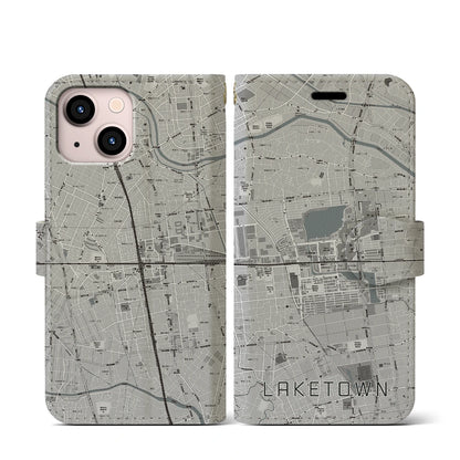【越谷レイクタウン（埼玉県）】地図柄iPhoneケース（手帳タイプ）モノトーン・iPhone 13 mini 用