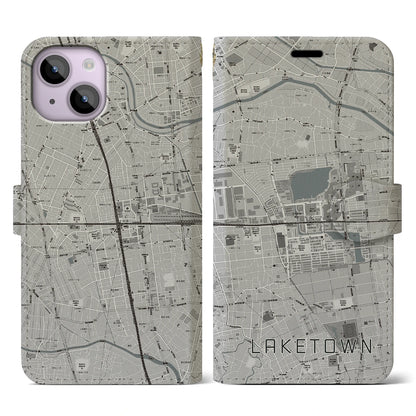 【越谷レイクタウン（埼玉県）】地図柄iPhoneケース（手帳タイプ）モノトーン・iPhone 14 用