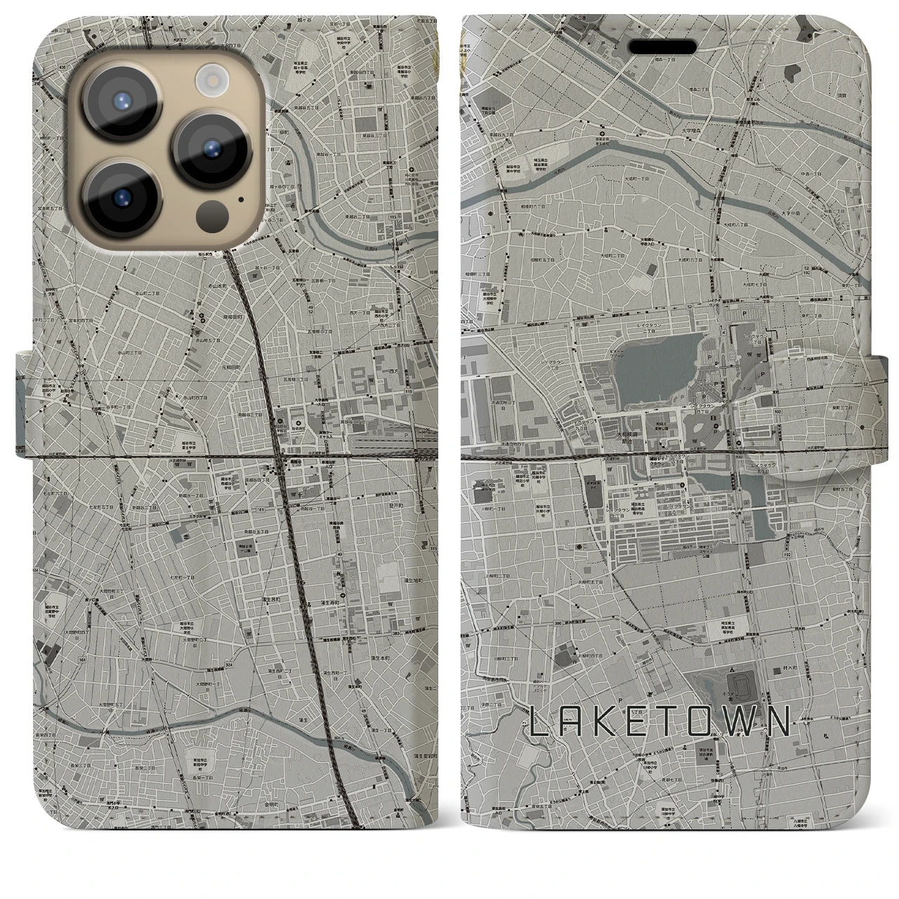 【越谷レイクタウン】地図柄iPhoneケース（手帳両面タイプ・モノトーン）iPhone 14 Pro Max 用