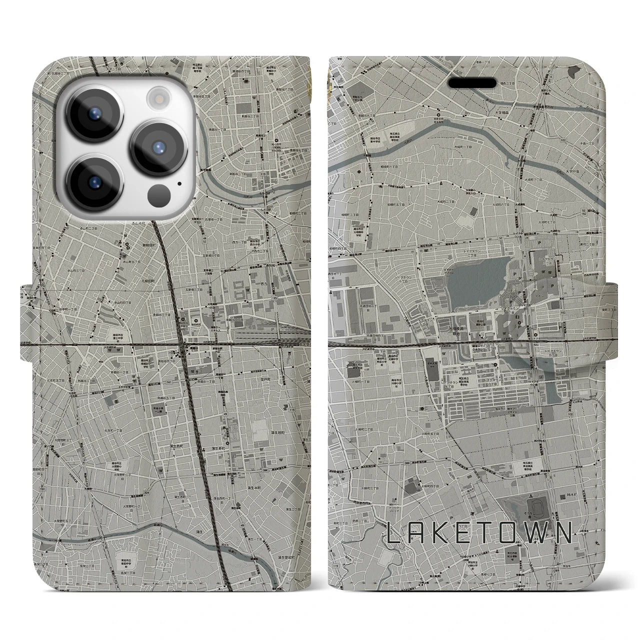 【越谷レイクタウン】地図柄iPhoneケース（手帳両面タイプ・モノトーン）iPhone 14 Pro 用