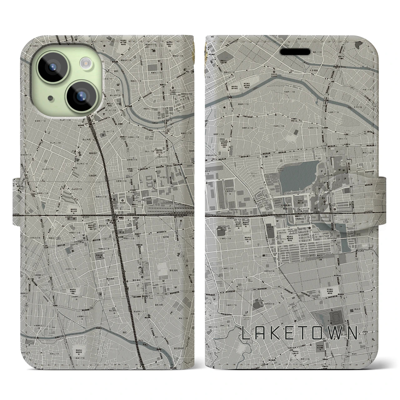 【越谷レイクタウン】地図柄iPhoneケース（手帳両面タイプ・モノトーン）iPhone 15 用