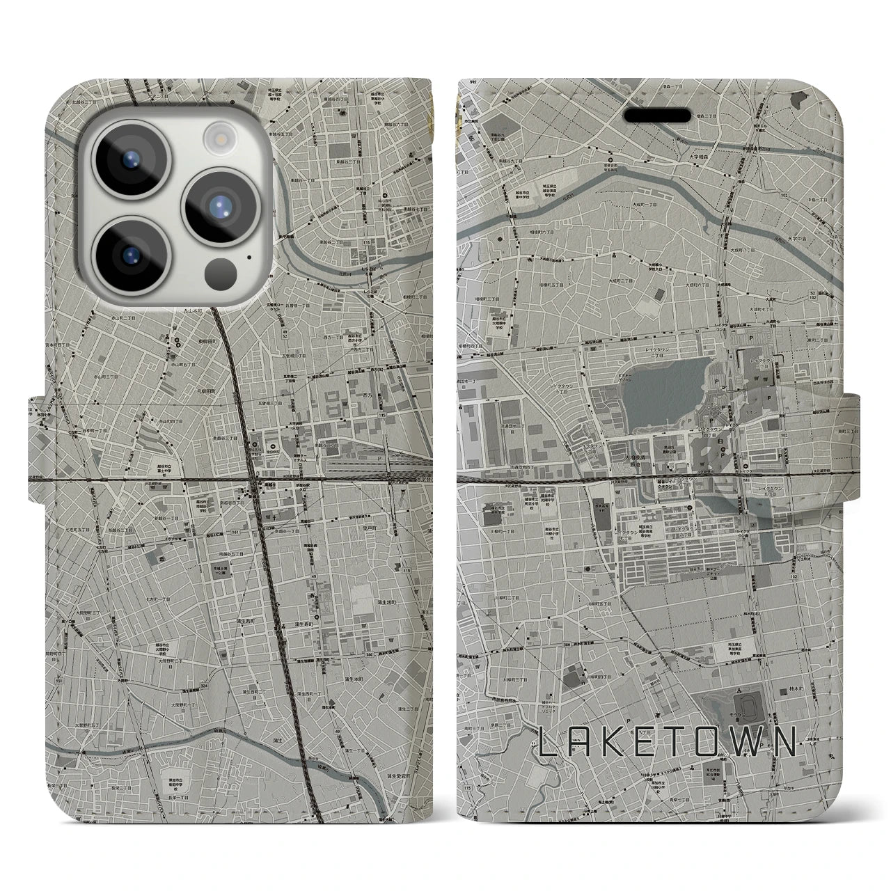 【越谷レイクタウン】地図柄iPhoneケース（手帳両面タイプ・モノトーン）iPhone 15 Pro 用