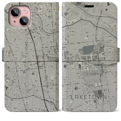 【越谷レイクタウン（埼玉県）】地図柄iPhoneケース（手帳タイプ）モノトーン・iPhone 15 Plus 用