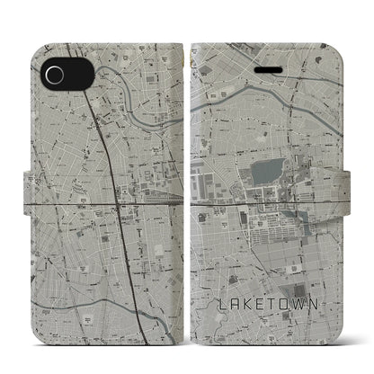 【越谷レイクタウン（埼玉県）】地図柄iPhoneケース（手帳タイプ）モノトーン・iPhone SE（第3 / 第2世代） / 8 / 7 / 6s / 6 用