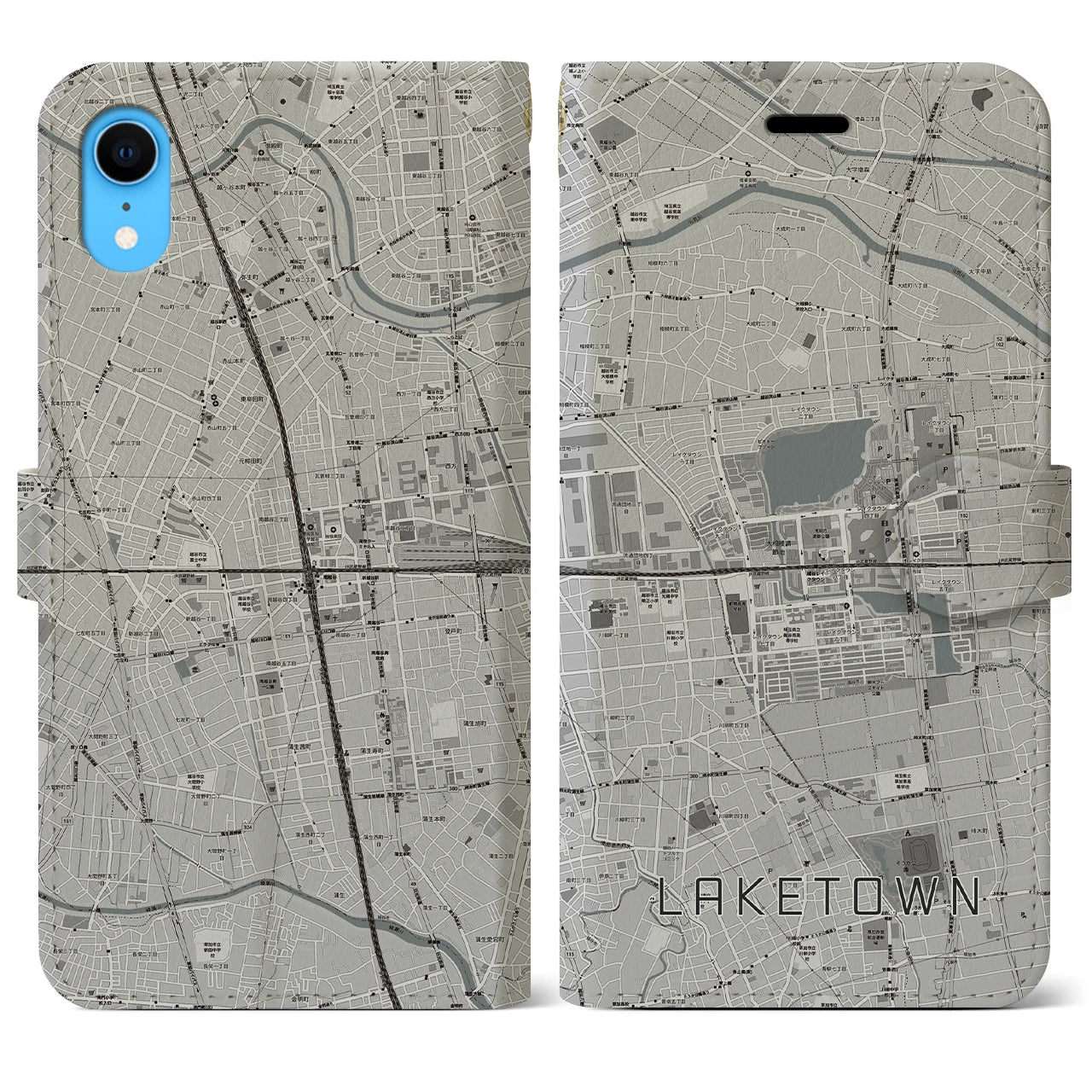 【越谷レイクタウン】地図柄iPhoneケース（手帳両面タイプ・モノトーン）iPhone XR 用