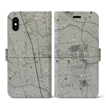 【越谷レイクタウン（埼玉県）】地図柄iPhoneケース（手帳タイプ）モノトーン・iPhone XS / X 用