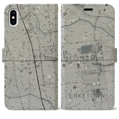 【越谷レイクタウン（埼玉県）】地図柄iPhoneケース（手帳タイプ）モノトーン・iPhone XS Max 用