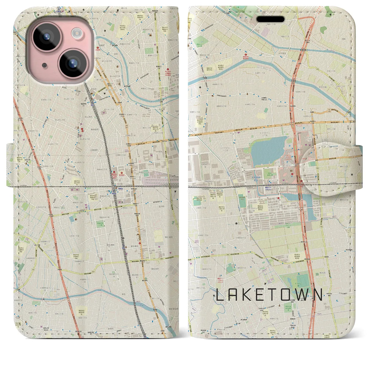 【越谷レイクタウン（埼玉県）】地図柄iPhoneケース（手帳タイプ）