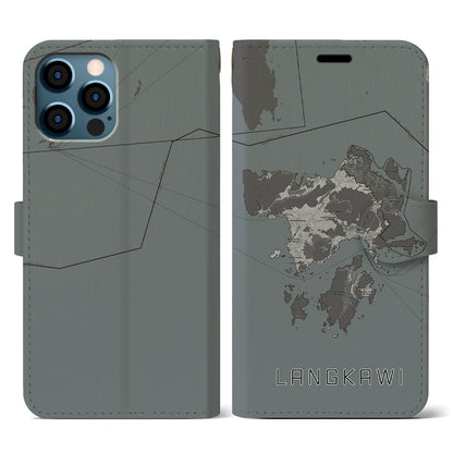 【ランカウイ（マレーシア）】地図柄iPhoneケース（手帳タイプ）モノトーン・iPhone 12 / 12 Pro 用
