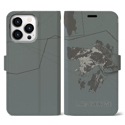 【ランカウイ（マレーシア）】地図柄iPhoneケース（手帳タイプ）モノトーン・iPhone 13 Pro 用