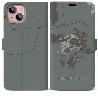 【ランカウイ（マレーシア）】地図柄iPhoneケース（手帳タイプ）モノトーン・iPhone 15 Plus 用