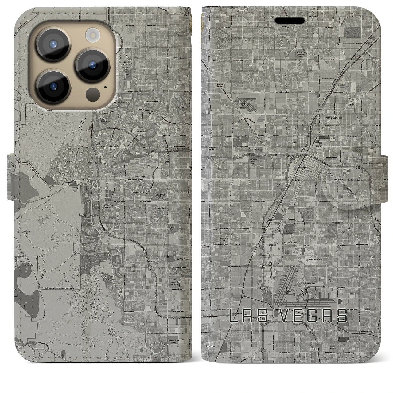 【ラスベガス】地図柄iPhoneケース（手帳両面タイプ・モノトーン）iPhone 14 Pro Max 用