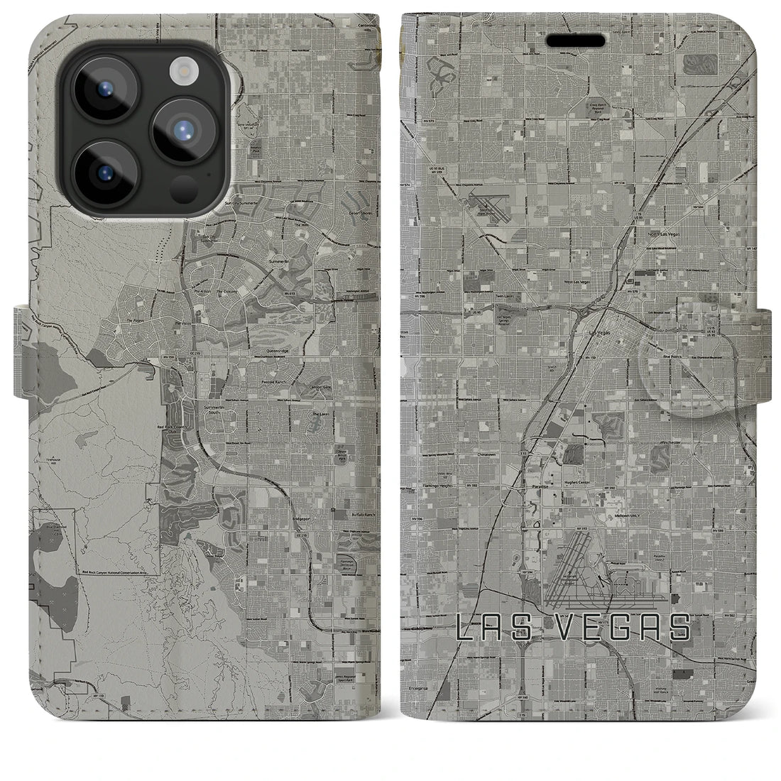 【ラスベガス】地図柄iPhoneケース（手帳両面タイプ・モノトーン）iPhone 15 Pro Max 用