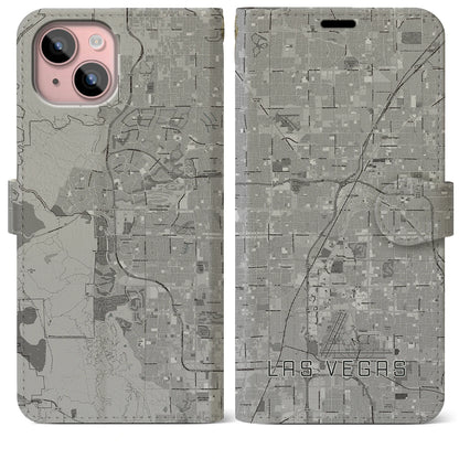 【ラスベガス（アメリカ）】地図柄iPhoneケース（手帳タイプ）モノトーン・iPhone 15 Plus 用