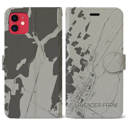 【ラベンダー畑（北海道）】地図柄iPhoneケース（手帳タイプ）モノトーン・iPhone 11 用