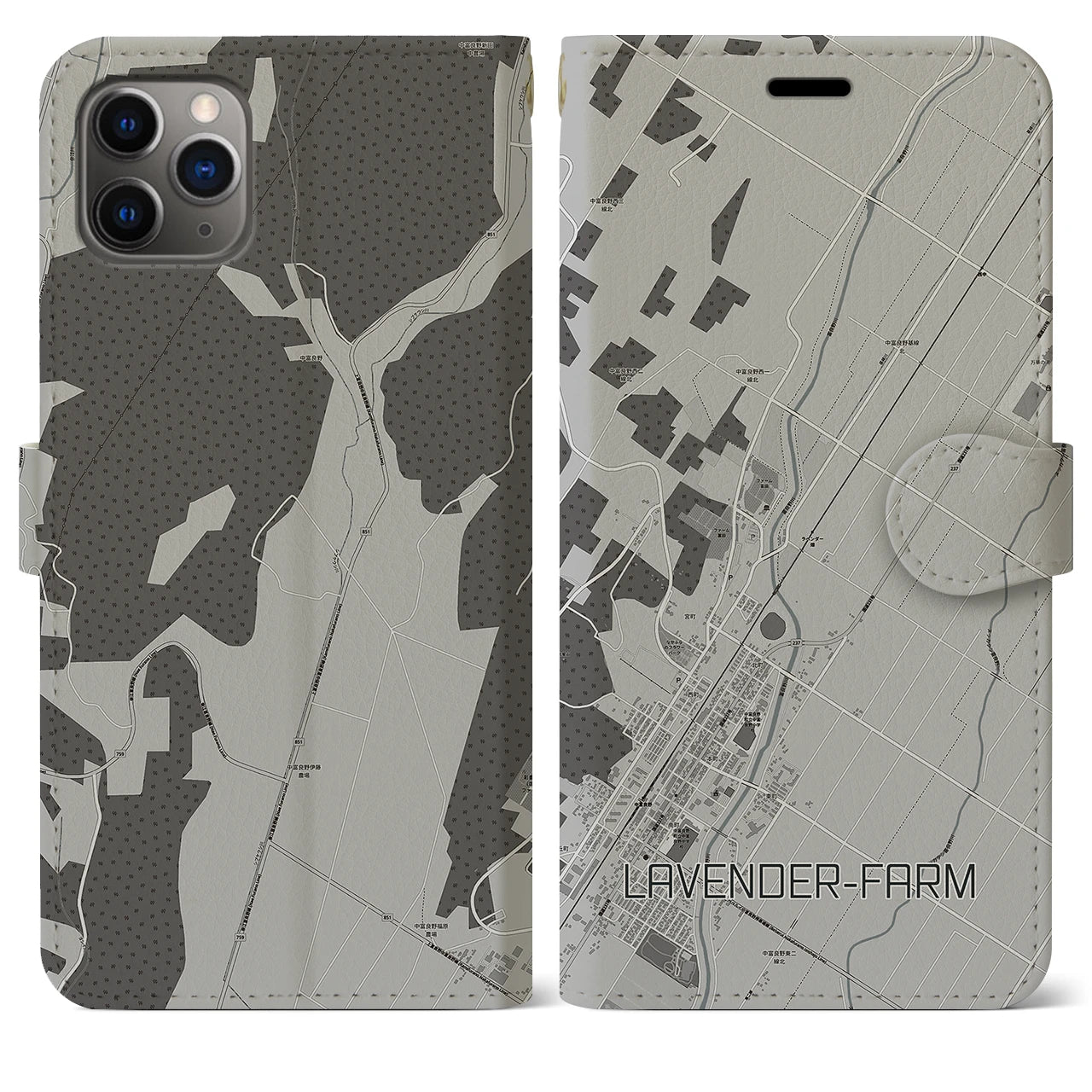【ラベンダー畑】地図柄iPhoneケース（手帳両面タイプ・モノトーン）iPhone 11 Pro Max 用