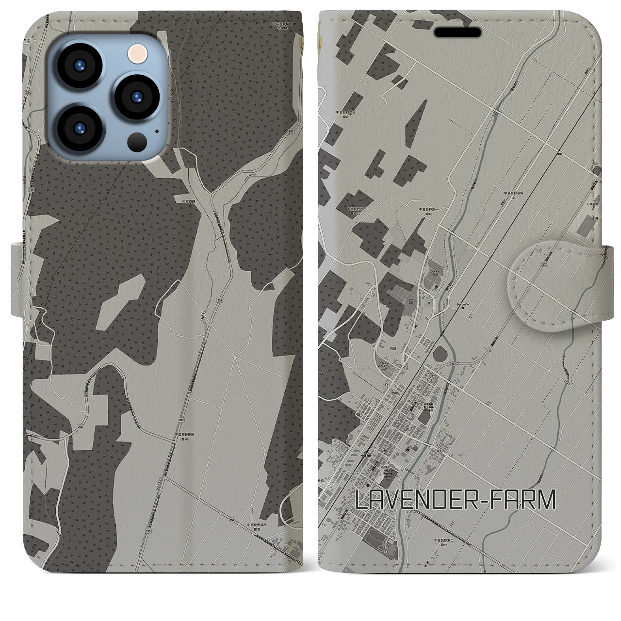 【ラベンダー畑】地図柄iPhoneケース（手帳両面タイプ・モノトーン）iPhone 13 Pro Max 用
