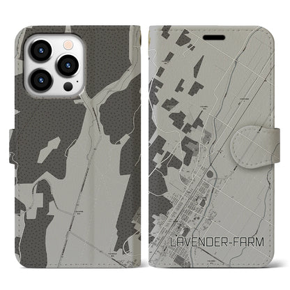 【ラベンダー畑（北海道）】地図柄iPhoneケース（手帳タイプ）モノトーン・iPhone 13 Pro 用