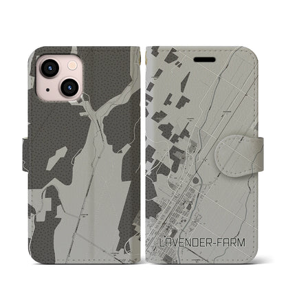 【ラベンダー畑（北海道）】地図柄iPhoneケース（手帳タイプ）モノトーン・iPhone 13 mini 用