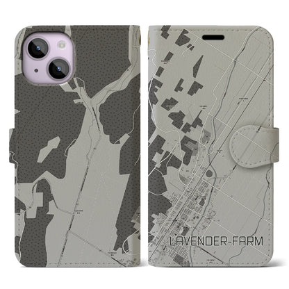 【ラベンダー畑（北海道）】地図柄iPhoneケース（手帳タイプ）モノトーン・iPhone 14 用