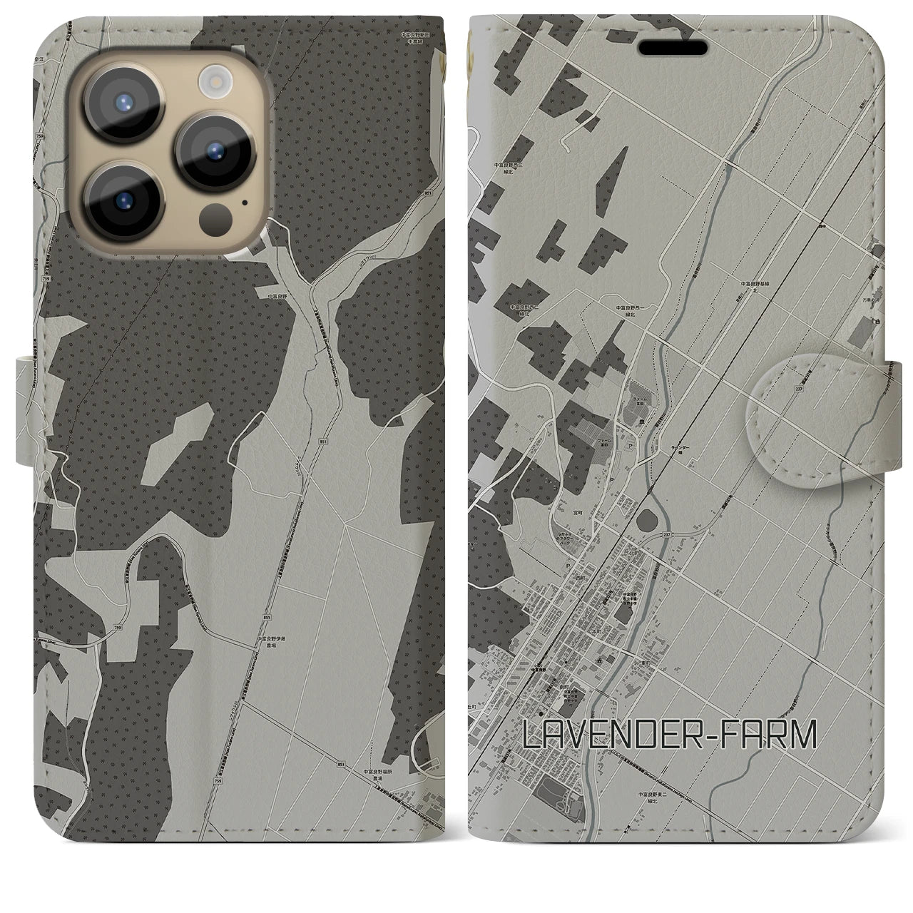 【ラベンダー畑】地図柄iPhoneケース（手帳両面タイプ・モノトーン）iPhone 14 Pro Max 用