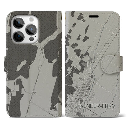 【ラベンダー畑（北海道）】地図柄iPhoneケース（手帳タイプ）モノトーン・iPhone 14 Pro 用