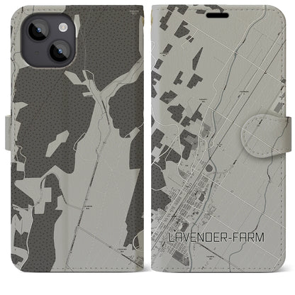 【ラベンダー畑（北海道）】地図柄iPhoneケース（手帳タイプ）モノトーン・iPhone 14 Plus 用