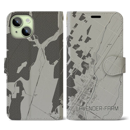 【ラベンダー畑（北海道）】地図柄iPhoneケース（手帳タイプ）モノトーン・iPhone 15 用
