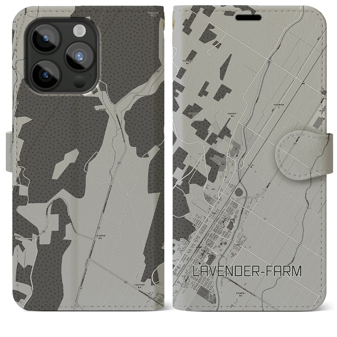 【ラベンダー畑】地図柄iPhoneケース（手帳両面タイプ・モノトーン）iPhone 15 Pro Max 用