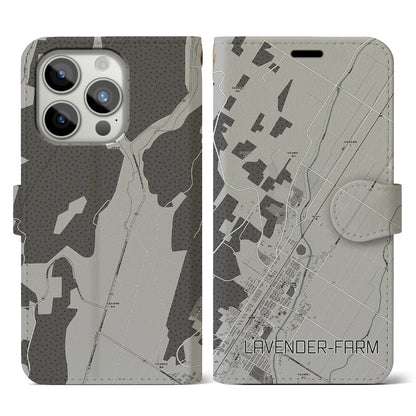 【ラベンダー畑（北海道）】地図柄iPhoneケース（手帳タイプ）モノトーン・iPhone 15 Pro 用