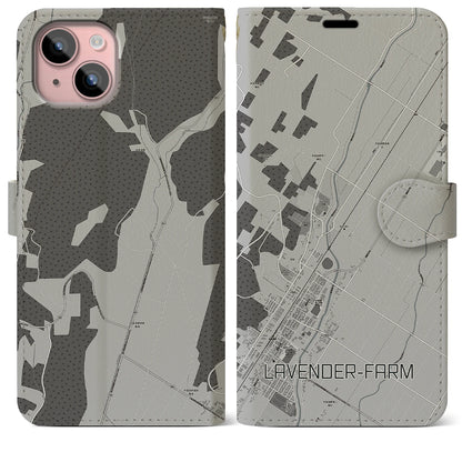 【ラベンダー畑（北海道）】地図柄iPhoneケース（手帳タイプ）モノトーン・iPhone 15 Plus 用