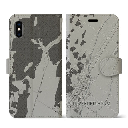 【ラベンダー畑（北海道）】地図柄iPhoneケース（手帳タイプ）モノトーン・iPhone XS / X 用