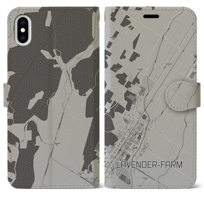 【ラベンダー畑（北海道）】地図柄iPhoneケース（手帳タイプ）モノトーン・iPhone XS Max 用